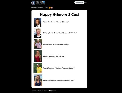Ein Golf-Fan-Account hat seine Traumbesetzung für die Fortsetzung von «Happy Gilmore» geteilt.