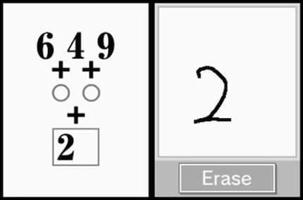 Bei dieser Rechenaufgabe aus «Dr. Kawashimas Gehirn-Jogging» notierst du am rechten (eigentlich unteren) Bildschirm per Stylus oder Finger die Lösung.