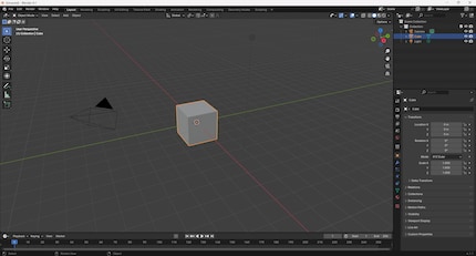 L'écran d'accueil original de Blender : un cube d'exemple (le cube par défaut) attend d'être modifié. Il n'y a pas d'aide.
