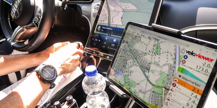 Patrick Bardelli / The cockpit in the team car of sporting director Alex Sans Vega of the Q36.5 Pro Cycling Team