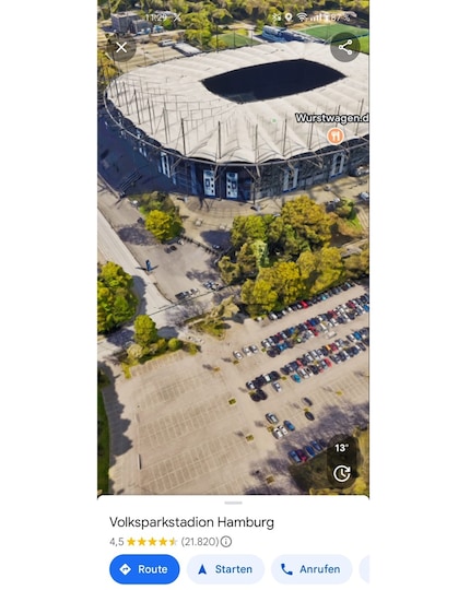 A view of the entrance in the north-west of Hamburg's Volksparkstadion. One of the car parks can be seen in front of it.