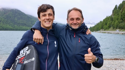 European champion Mathis Ghio with race director Mirco Babini after the races in Silvaplana.