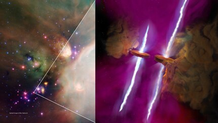 The WL20 system in the constellation Serpent BearerOn the left, the environment around the star Rho Ophiuchi in the constellation of the Serpent Bearer is shown in the near infrared; on the right, the double star system WL20 is illustrated in an artistic representation. Both stars are surrounded by dense discs of gas and dust, the accretion discs. Both components of the system emit hot gas jets via the poles. Planets could one day form in the discs.