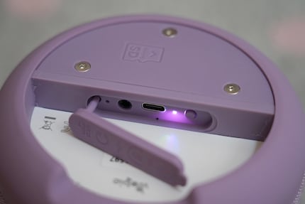 The underside of the Wobie with headphone connection, charging socket for the USB cable and connection button. You can insert a micro SD card at the top if required.