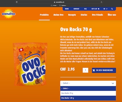 Im Schweiz-Shop von Ovomaltine gibt es die Rocks in zwei Größen. Leider wird nicht nach Hamburg geliefert. Ich kann im Warenkorb nur die Schweiz oder Liechtenstein als Zielland auswählen.