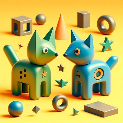 Eine grüne Katze und einen blauen Hund mit irgendwelchen Formen kann Dall-E auch.