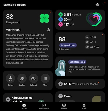 Im Dashboard von Samsung Health sehe ich alle meine Daten übersichtlich und mit Erklärungen dazu.