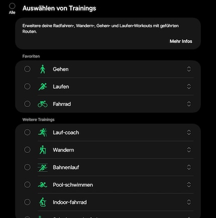 Die Galaxy Watch 7 bietet unzählige Sportarten an, bei denen ich die Trainings individuell anpassen kann.