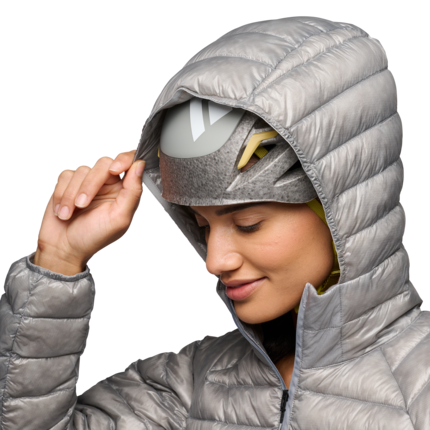 The hood of the lightweight hoodie fits over the helmet.