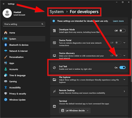 You’ll find the taskbar killer feature in the Windows 11 developer settings.