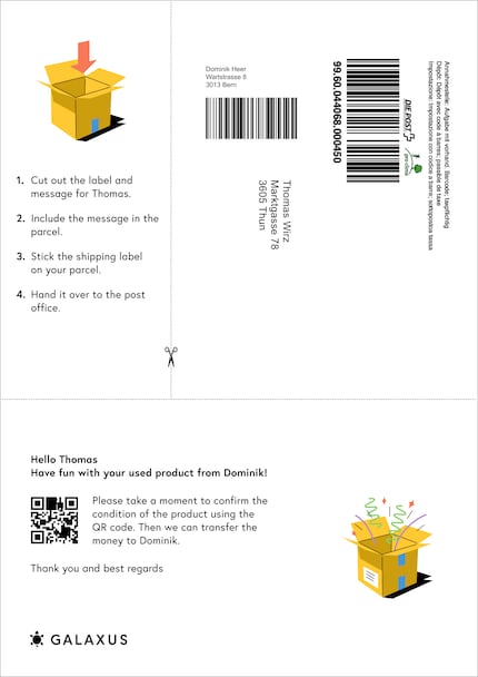 Dominik’s sending a secondhand product to Thomas using the new label (pictured above). The parcel insert is already filled in and just needs to be printed out (pictured below).