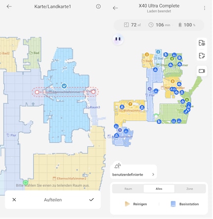 Die Karten können ganz einfach bearbeitet werden (links). Du siehst auch immer, wo der Roboter geputzt hat und wo Hindernisse aufgetaucht sind.