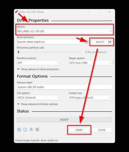 In most cases, three steps are all it takes: select USB data carrier, select image file and click Start.