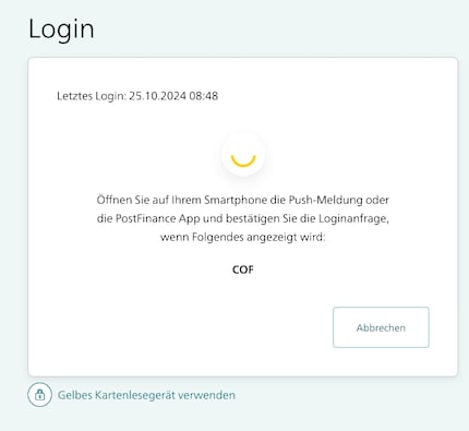 Will ich mich im Browser bei der Postfinance einloggen, muss ich mich mit der App zusätzlich authentifizieren.