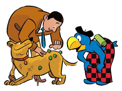 Globi si fa spiegare da George de Mestral il principio del Velcro.