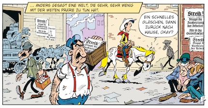 The adventure takes Lucky Luke to the industrial city instead of the wide world of the prairie.