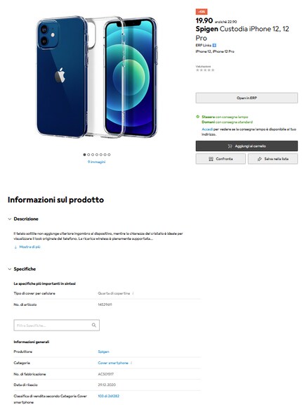 Estratto della pagina delle specifiche del prodotto per il primo risultato di ricerca: qui trovi informazioni dettagliate e anche nove immagini del prodotto.