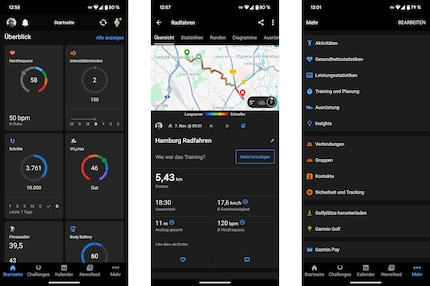 L'application Garmin : page d'accueil pour une vue d'ensemble, un suivi détaillé et de nombreux paramètres.