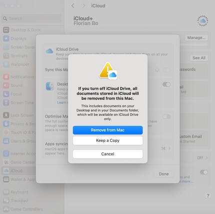 macOS ti avverte dei rischi della disattivazione della sincronizzazione.
