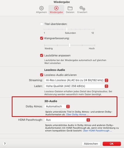 Qui puoi attivare il Dolby Atmos.