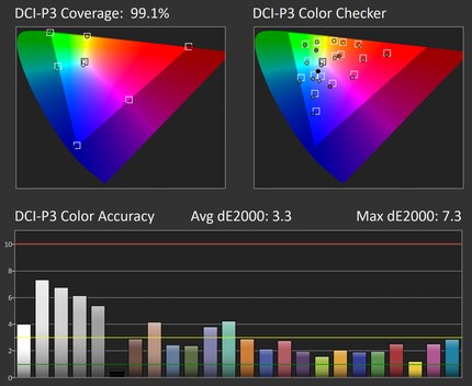 Sowohl Abdeckung als auch Genauigkeit sind im DCI-P3-Farbraum sehr gut.