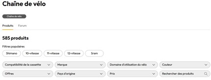 Les filtres sont classés en fonction de la fréquence de leurs clics pour ce type de produits.