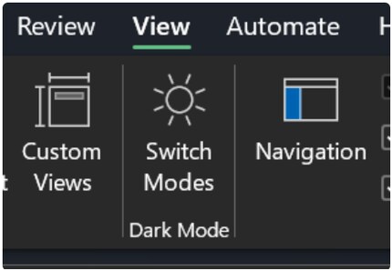 If you’re using Excel in English, you’ll be able to switch to full dark mode in the View tab.