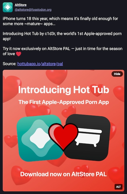 Zo adverteert AltStore de nieuwe app op het social media platform Mastodon.