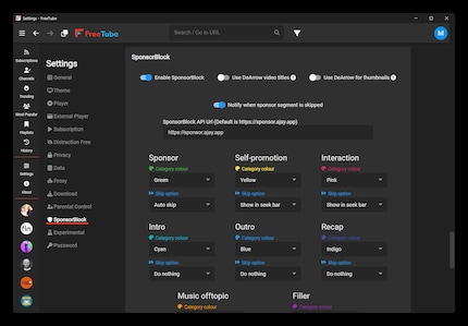 Wenn du «SponsorBlock» aktivierst, überspringt FreeTube nicht nur Werbeunterbrechungen, sondern auch gesponserte Videoabschnitte.