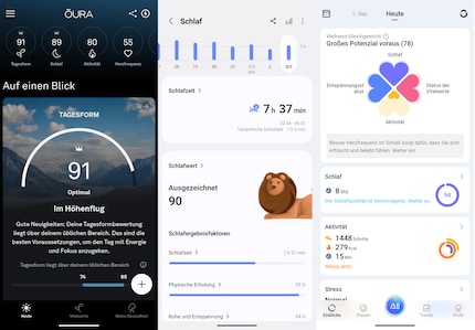 L'app di Oura (a sinistra) a confronto con le app di Samsung (al centro) e RingConn (a destra).