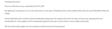 L'utente di Reddit InfiniteTurnover1 ha ricevuto un'email informativa da Sony riguardante il risarcimento in seguito all'interruzione del PSN.