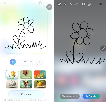 Die Benutzeroberfläche für KI-Skizzen hat Samsung (links) überarbeitet. Ansprechender, aber mit weniger Platz zum Zeichnen.