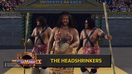 La richesse du roster est un atout majeur du jeu : ici, les headshrinkers Samu et Fatu arrivent sur le ring avec leur manager Afa.