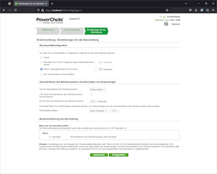 The PowerChute Serial Shutdown software, available exclusively for Windows, runs in the background and can be called up via a system tray icon in the taskbar. You can change settings in a web browser interface. This screenshot shows the options for automatically shutting down your PC (in German).