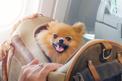 Some airlines allow dogs weighing up to eight kilograms to travel in a transport container in the passenger cabin.