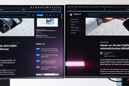 The matt Samsung G81SF (left) diffuses reflections more effectively than the semi-glossy Asus PG27UCDM (right). However, the diffuse reflections affect a larger portion of the image.