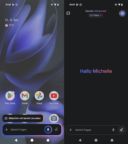 À gauche, l'appel de Gemini Live via le bouton d'alimentation, à droite via l'application.