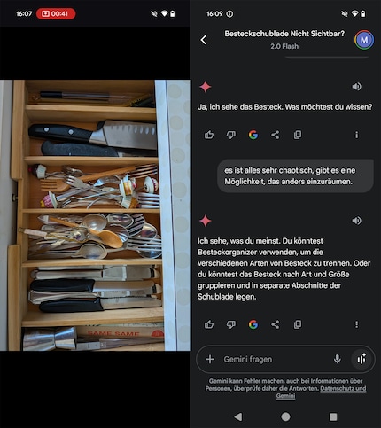 Sur une photo de mon tiroir à couverts chaotique, Gemini Live me donne une solution.