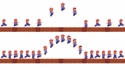 Using a jumping Mario in its Direct presentation, Nintendo praises the advantages of a high refresh rate (bottom) compared to a low one (top).