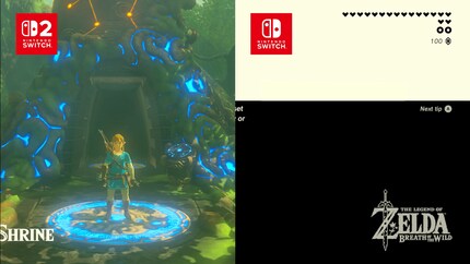 While Link’s already ready on the Switch 2 (left), the Switch 1 version (right) is still loading fast travel.