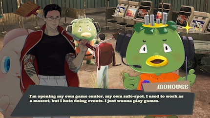 Für das Vogelmaskottchen und Retro-Game-Fan Monogue suche ich alte Arcade-Maschinen in der Stadt.