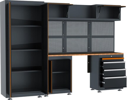 The cabinets open with hinged doors.