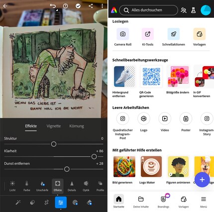 Lightroom links und Adobe Express rechts. Die beiden Apps liefern aktuell weit mehr Funktionen als Photoshop.