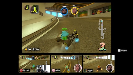 Michelle and Simon's faces are superimposed over their drivers. Below you can see the game chat interface - Nintendo's new chat app on the Switch 2.