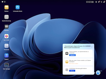 Ecco come appare UGOS Pro subito dopo l'inizializzazione. Un piccolo robot aiuta a ricordare le impostazioni più importanti.