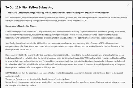 Der Screenshot zeigt das Statement, falls du es selbst nicht sehen kannst. Es erscheint auf der verlinkten Krafton-Startseite nur als Popup.