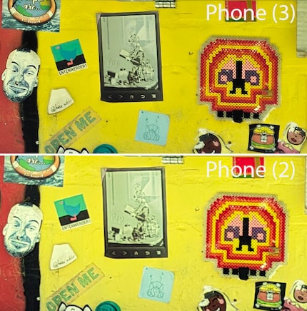 Nella visualizzazione al 100% il Phone (3) – in alto – riproduce i dettagli con una maggiore precisione.