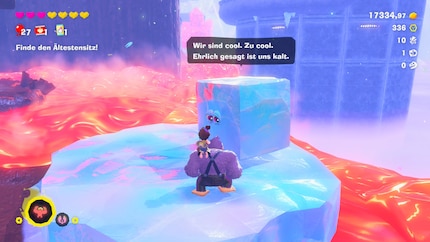 Je me déplace sur la lave grâce à mon bloc de glace.
