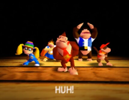 The five heroes and heroines of «Donkey Kong 64» in the legendary DK-Rap. From left to right: Tiny, Lanky, Donkey, Chunky and Diddy.