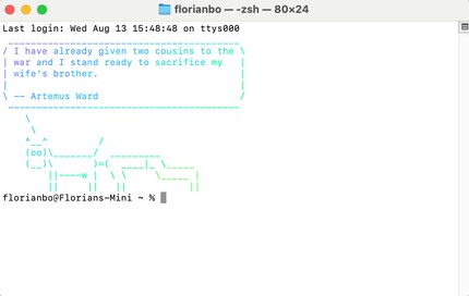 Each time you open the terminal from then on, you’ll be greeted by a different animal and quote.